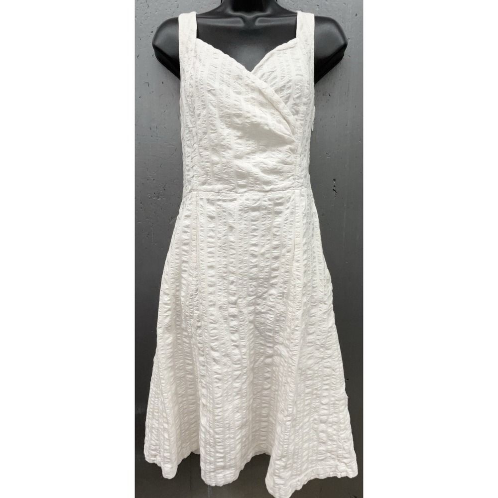 Lands End Dress 6 White Textured Midi Cotton Coastal Preppy Beach Cottage